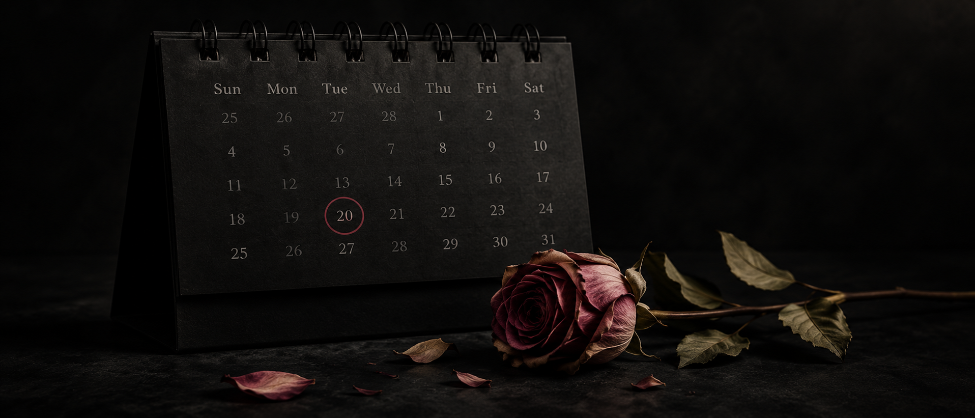 Dried rose beside a calendar